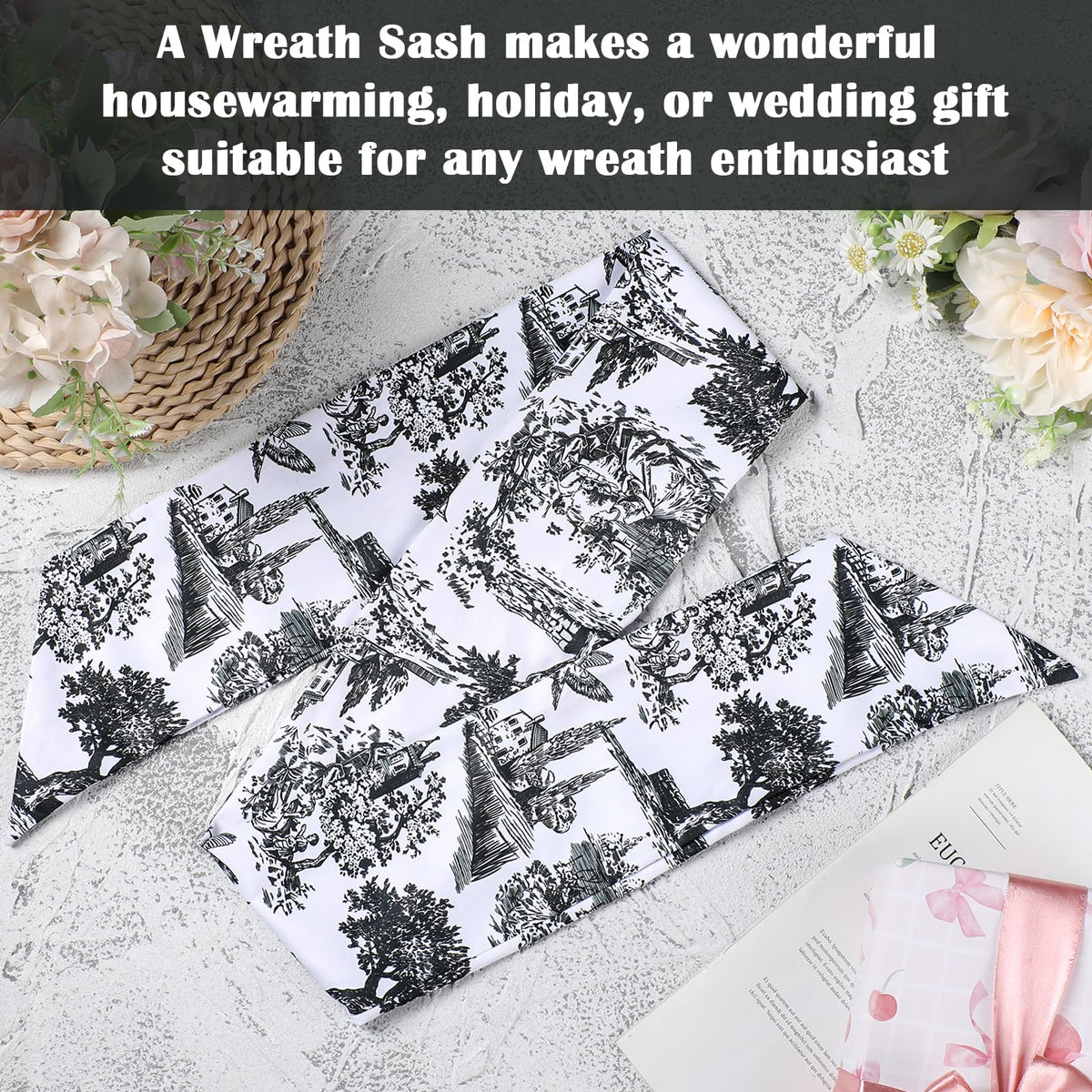 Blue French Toile Wreath Sash, Set of 2