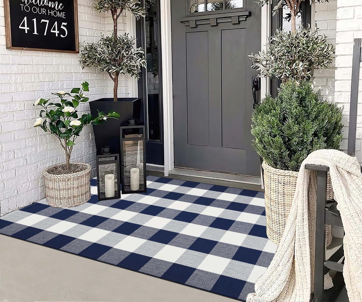 Light Blue Buffalo Plaid Cotton Door Mat, 24x35