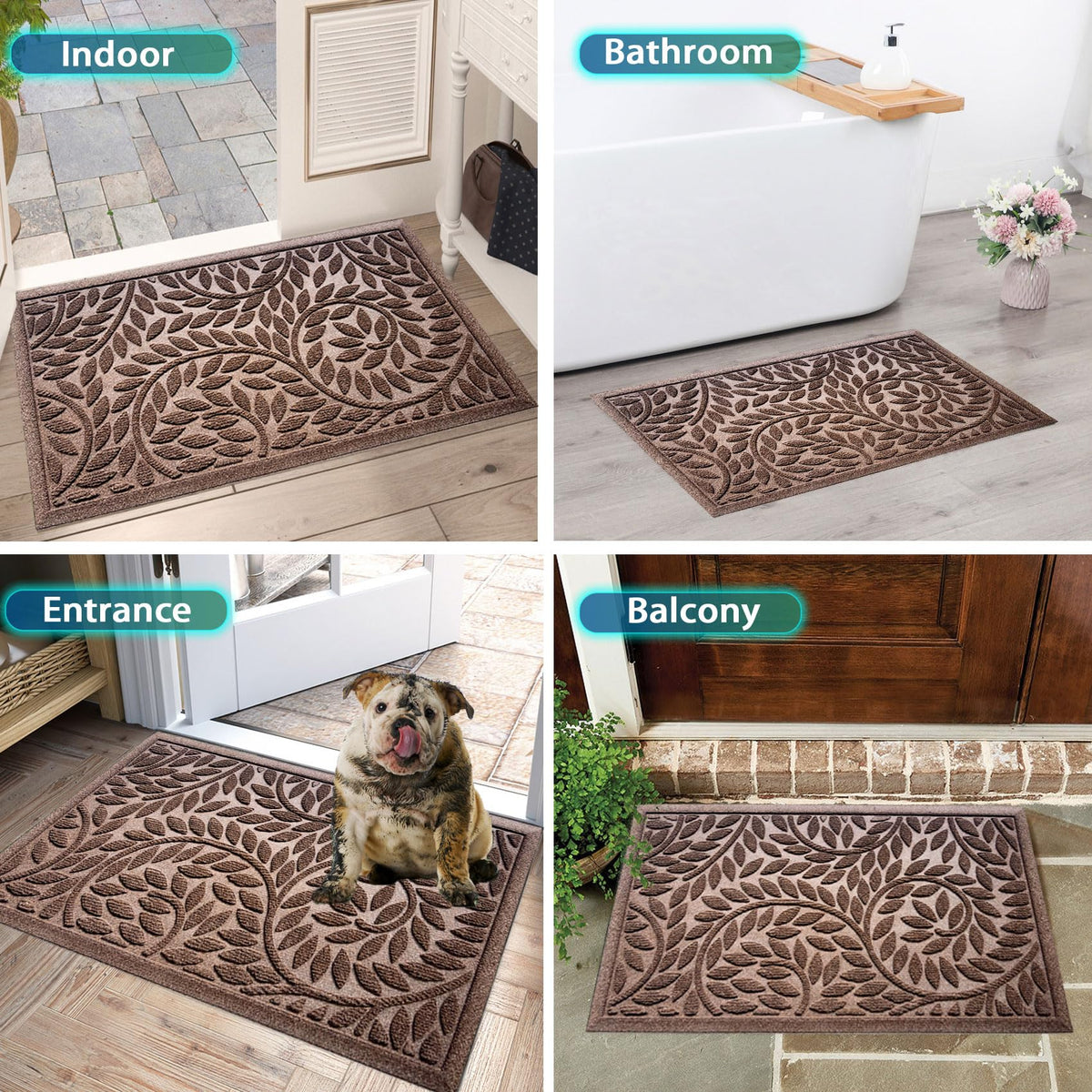 Blue Leaf Front Door Mat, Non-Slip Rubber
