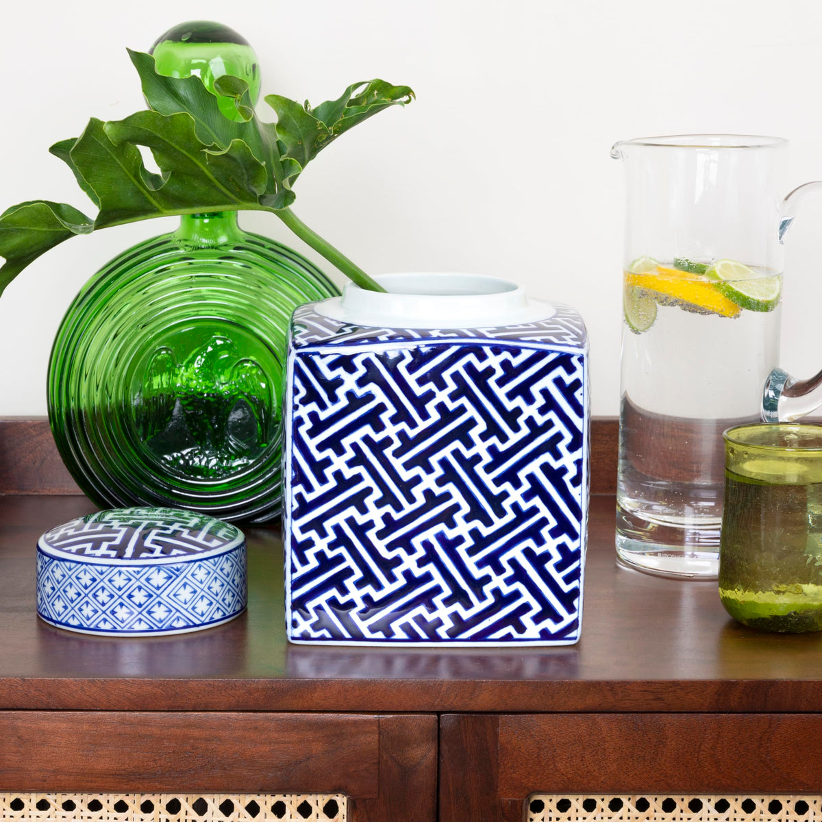 Square Ceramic Ginger Jar with Lid, Blue and White