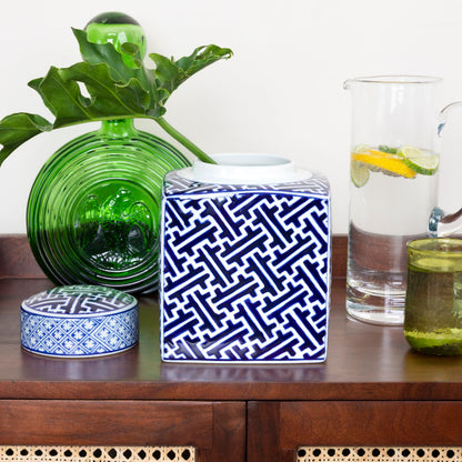 Square Ceramic Ginger Jar with Lid, Blue and White
