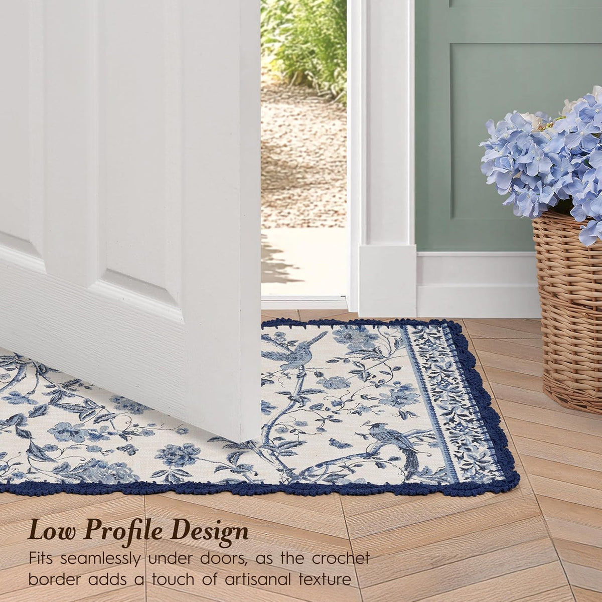 Laura Ashley Indigo Floral Crochet Border Runner Rug
