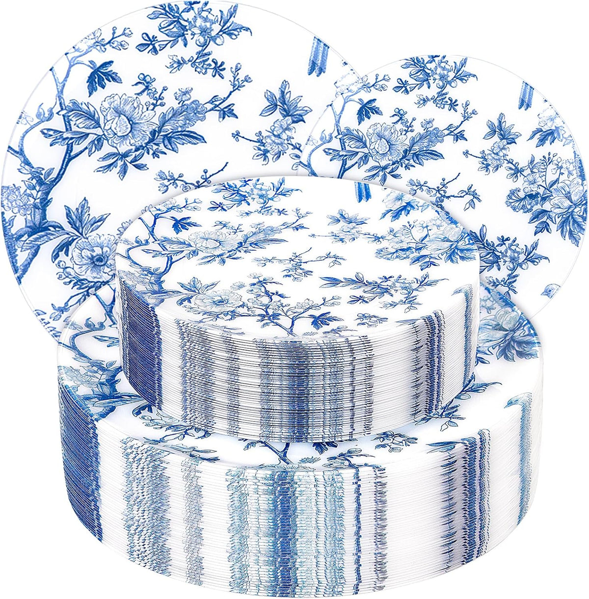 Blue Floral Plastic Plates, 60 Pieces