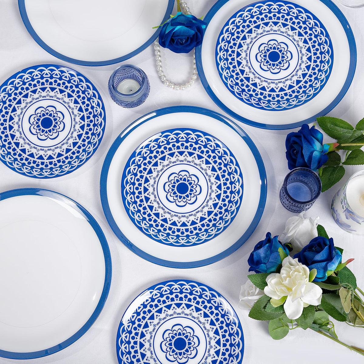 Blue Floral Plastic Plates, 60 Pieces