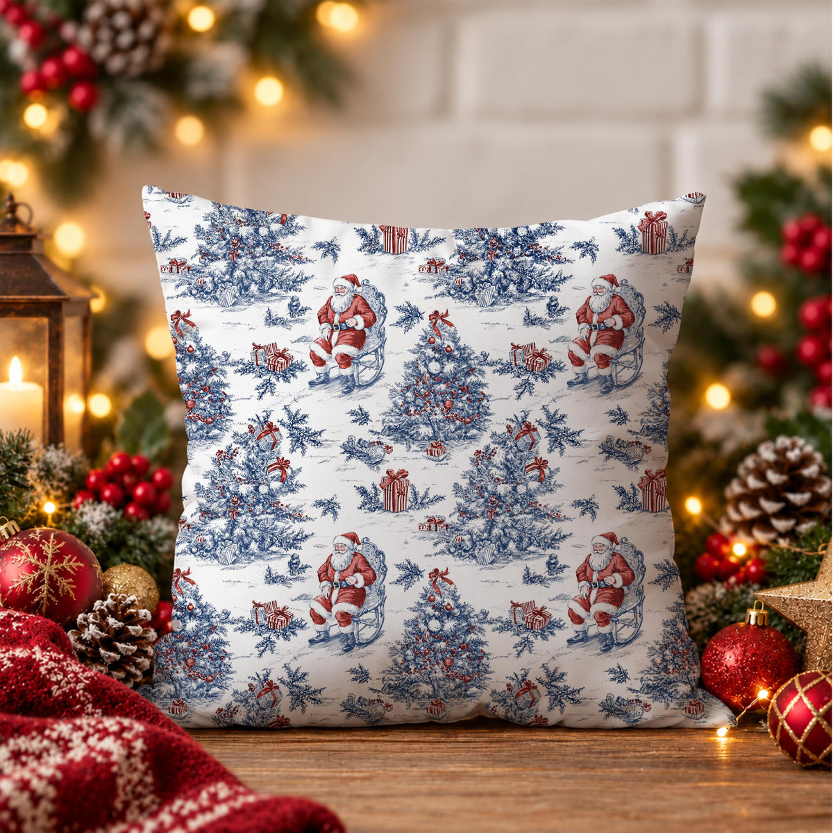 Blue Christmas Toile Pillow Covers, 18x18, Set of 2