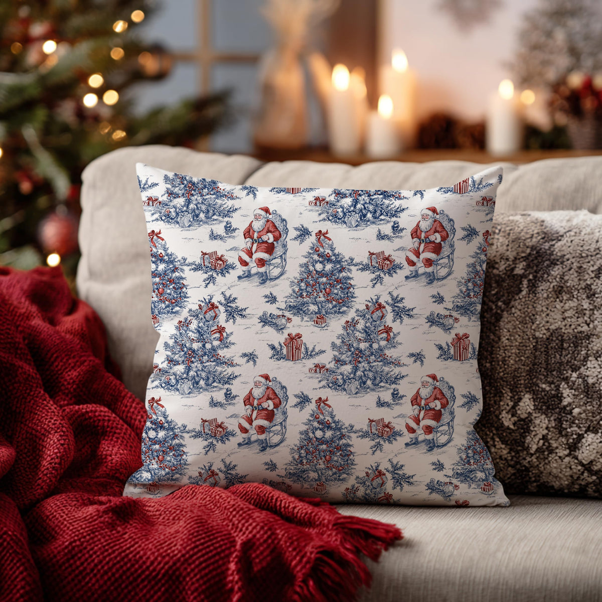 Blue Christmas Toile Pillow Covers, 18x18, Set of 2