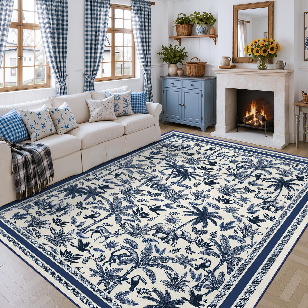 Washable French Toile Area Rug
