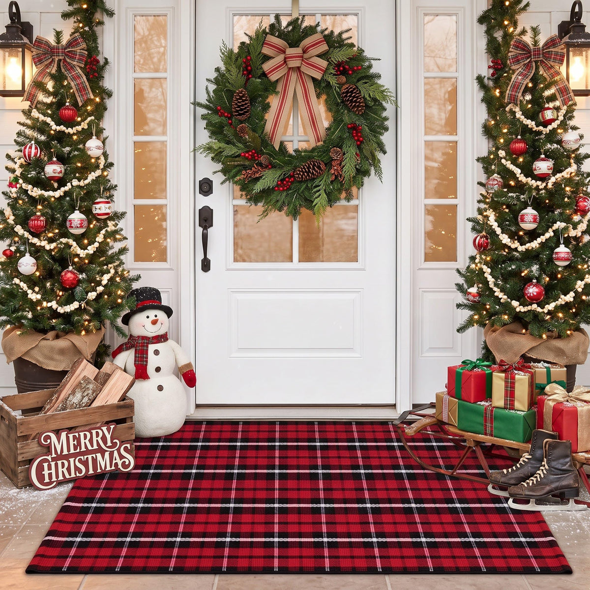 MUBIN Blue White Plaid Cotton Rug, 27.5x43