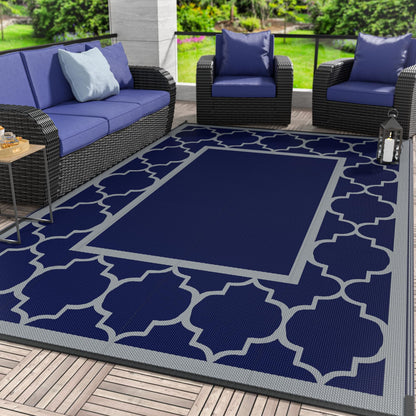 Blue and White Reversible Outdoor Rug, 5x8