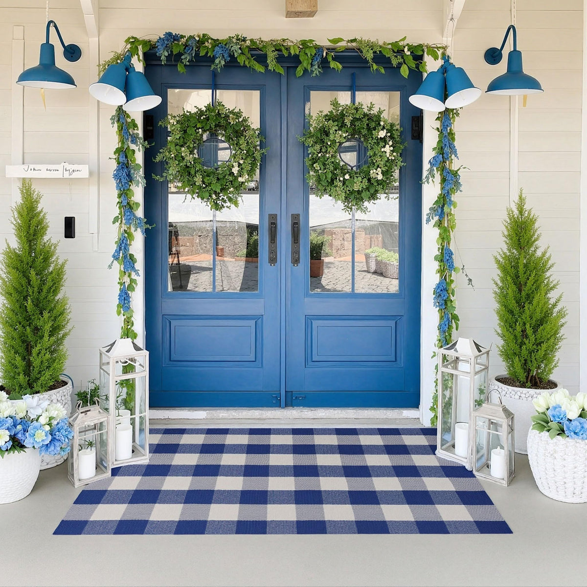 Blue Buffalo Plaid Outdoor Rug, 27.5x43