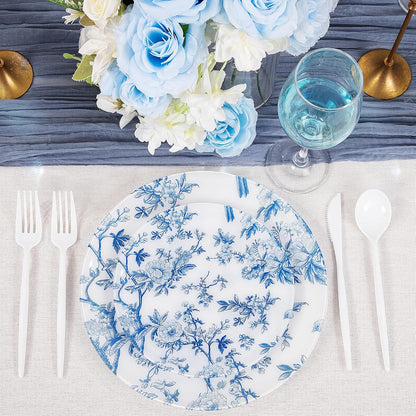 Blue Floral Plastic Plates, 60 Pieces