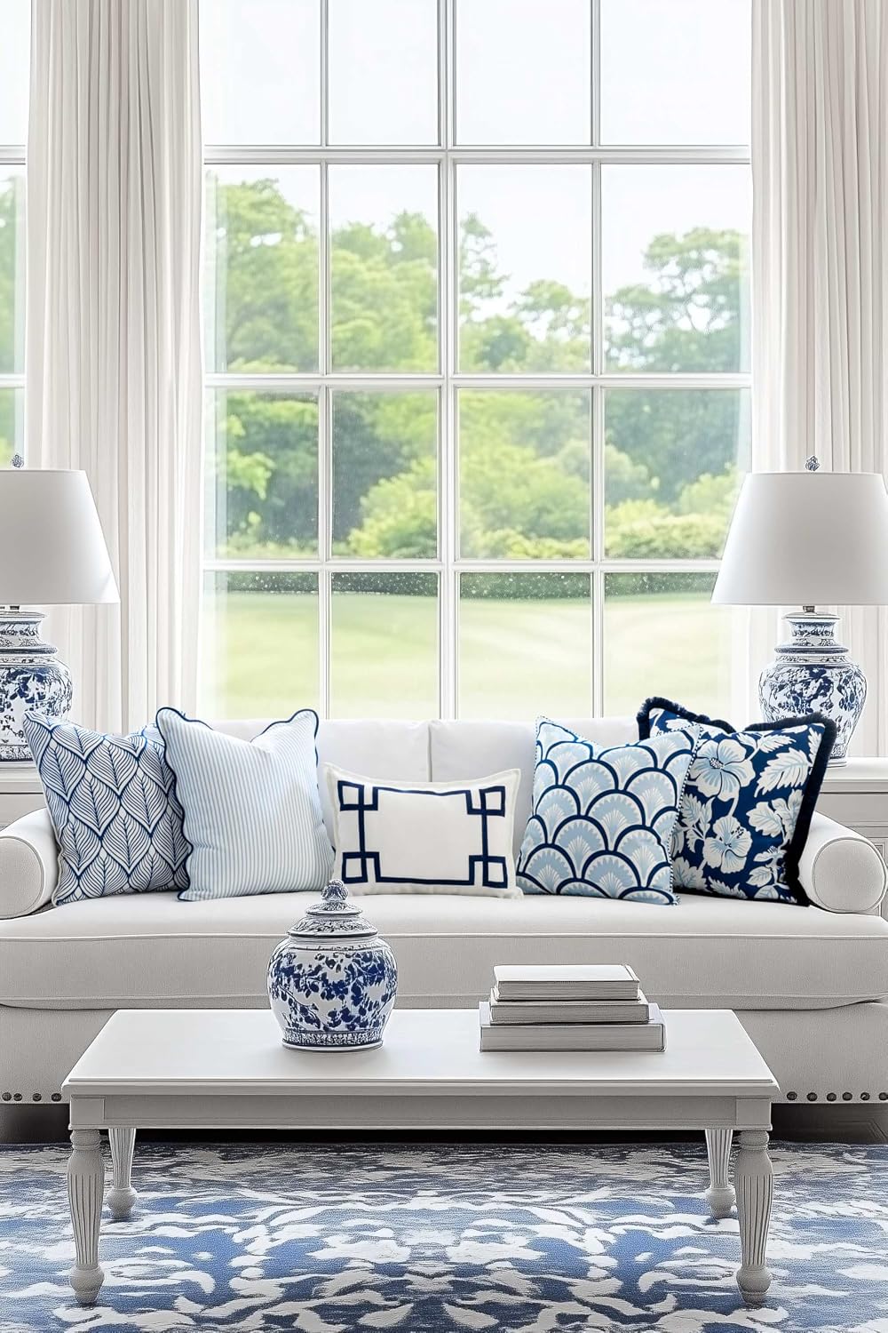 Navy Greek Key Outdoor Lumbar Pillow Cover, 12x20