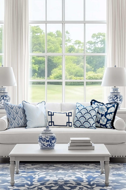 Navy Greek Key Outdoor Lumbar Pillow Cover, 12x20