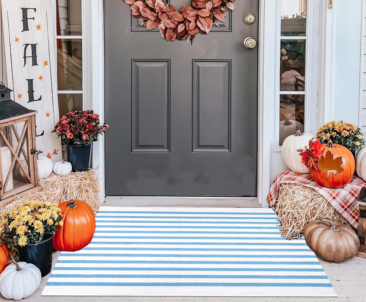 Light Blue Buffalo Plaid Cotton Door Mat, 24x35