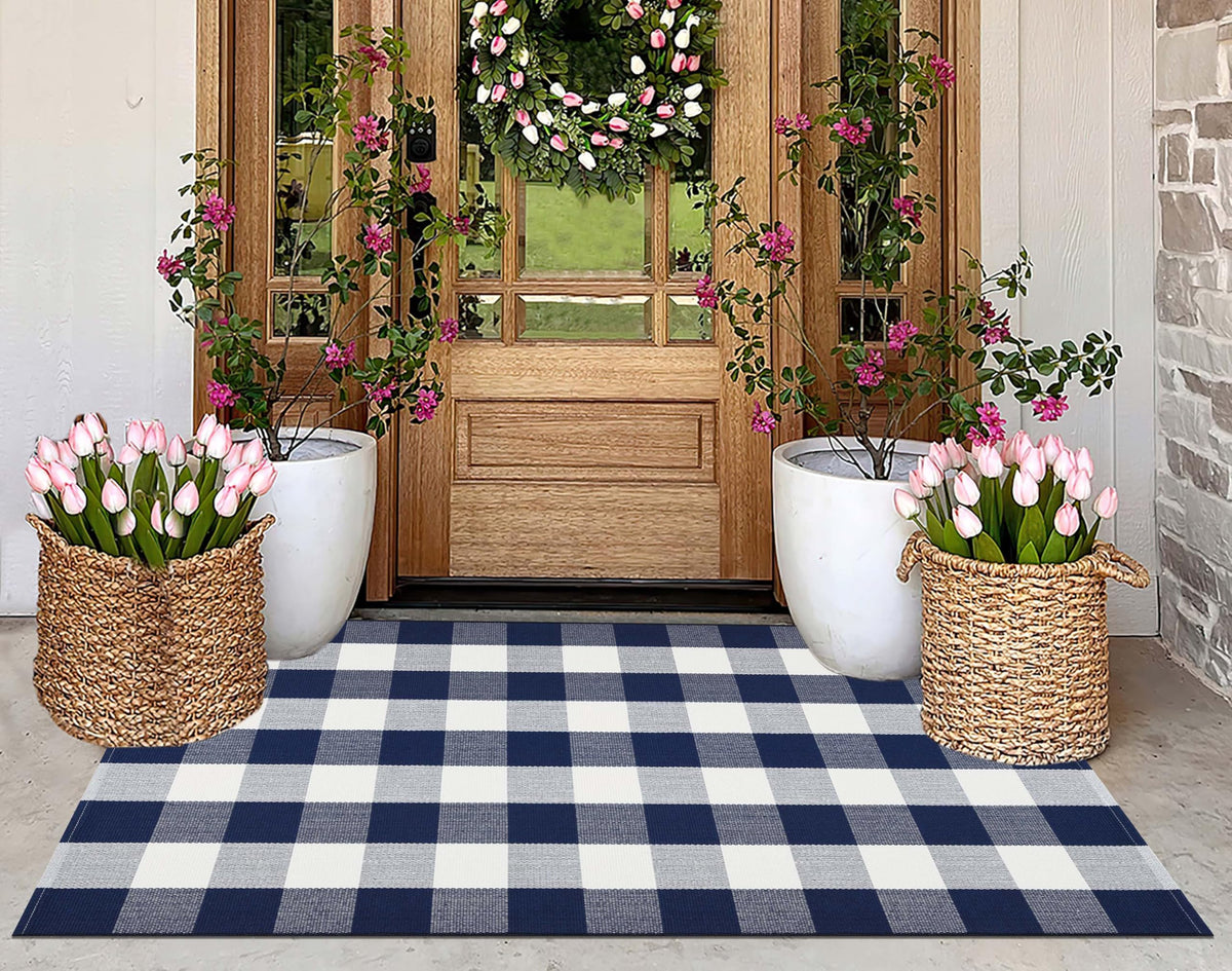 Light Blue Buffalo Plaid Cotton Door Mat, 24x35