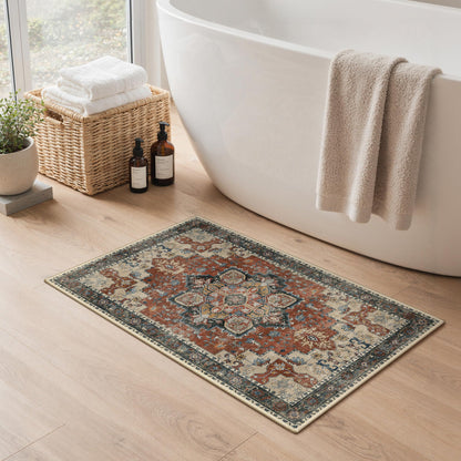 Blue Floral Boho Bath Mat, 24 x 17