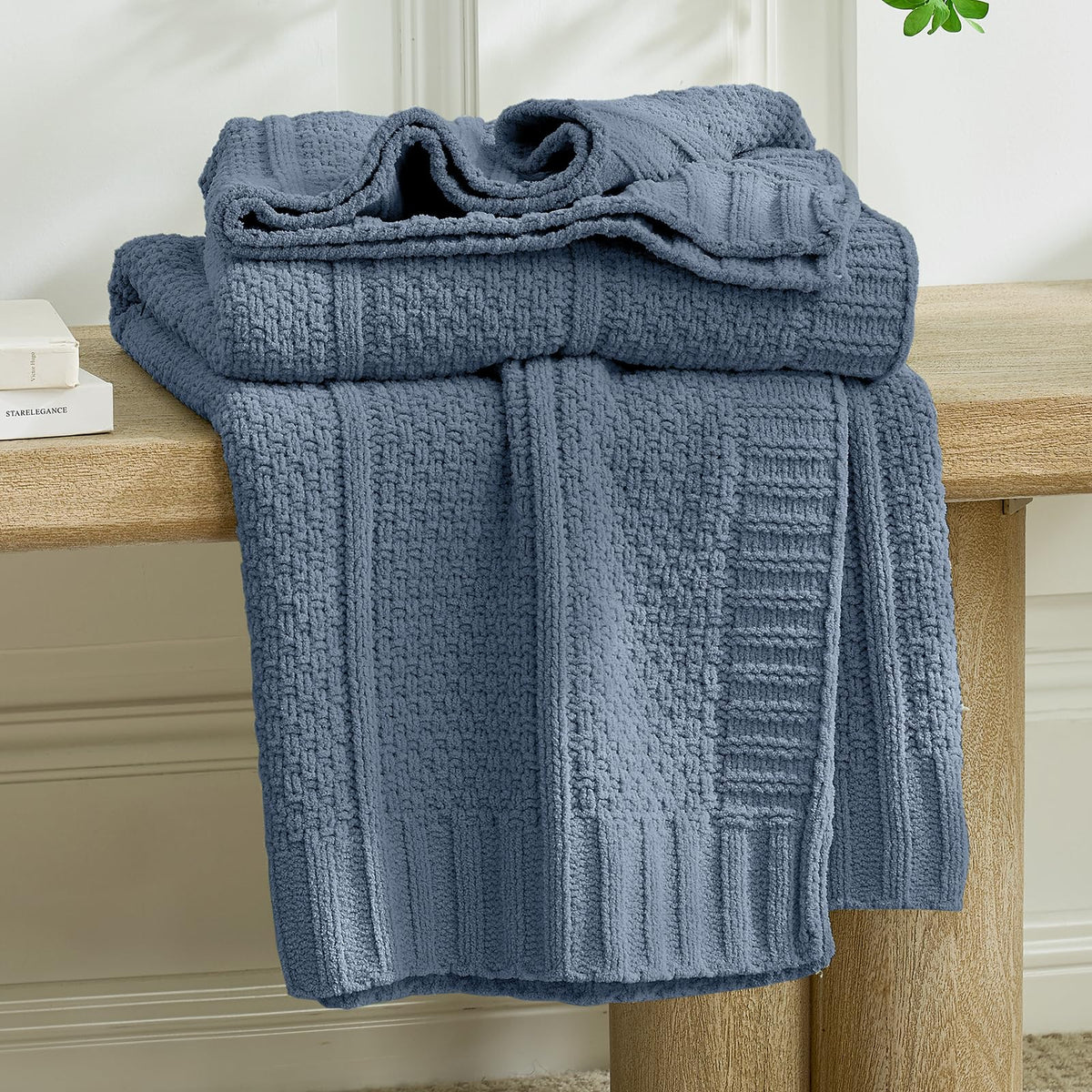 Checkered Knit Throw Blanket, Blue, 50 x 60 Inch