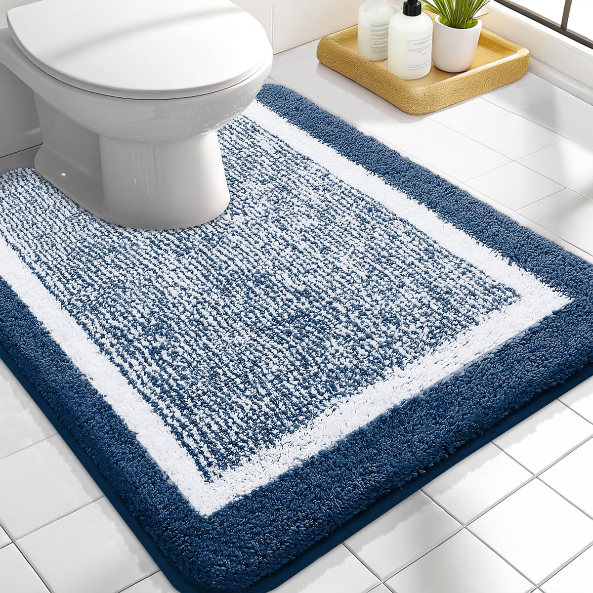 Navy and White Microfiber Bath Rug, 36 x 24