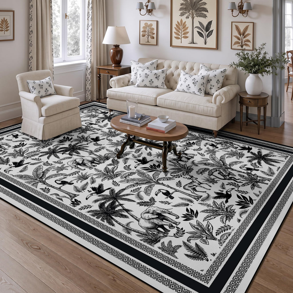 Washable French Toile Area Rug