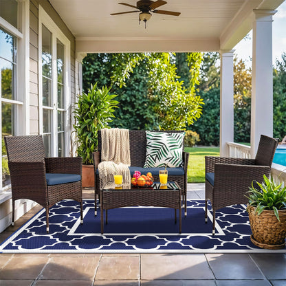 Blue and White Reversible Outdoor Rug, 5x8