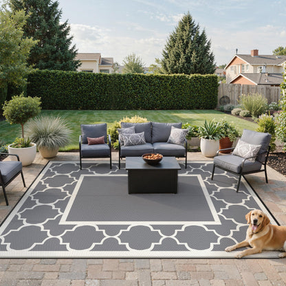 Blue and White Reversible Outdoor Rug, 5x8