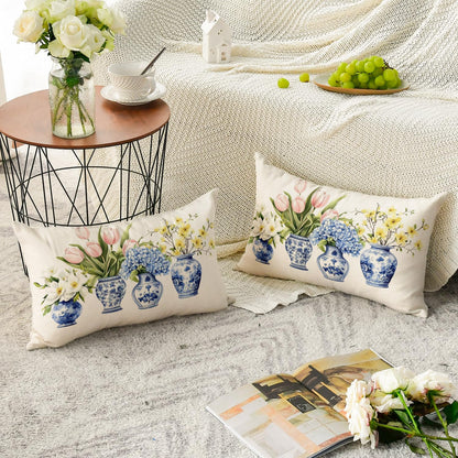 Chinoiserie Vase Lumbar Pillow Cover, 12 x 20 Inch