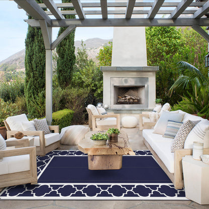 Blue and White Reversible Outdoor Rug, 5x8