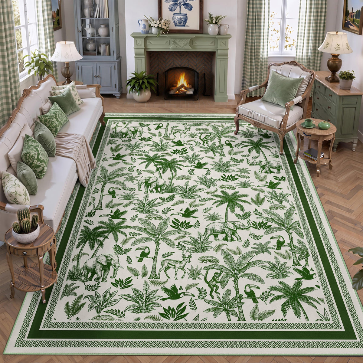 Washable French Toile Area Rug