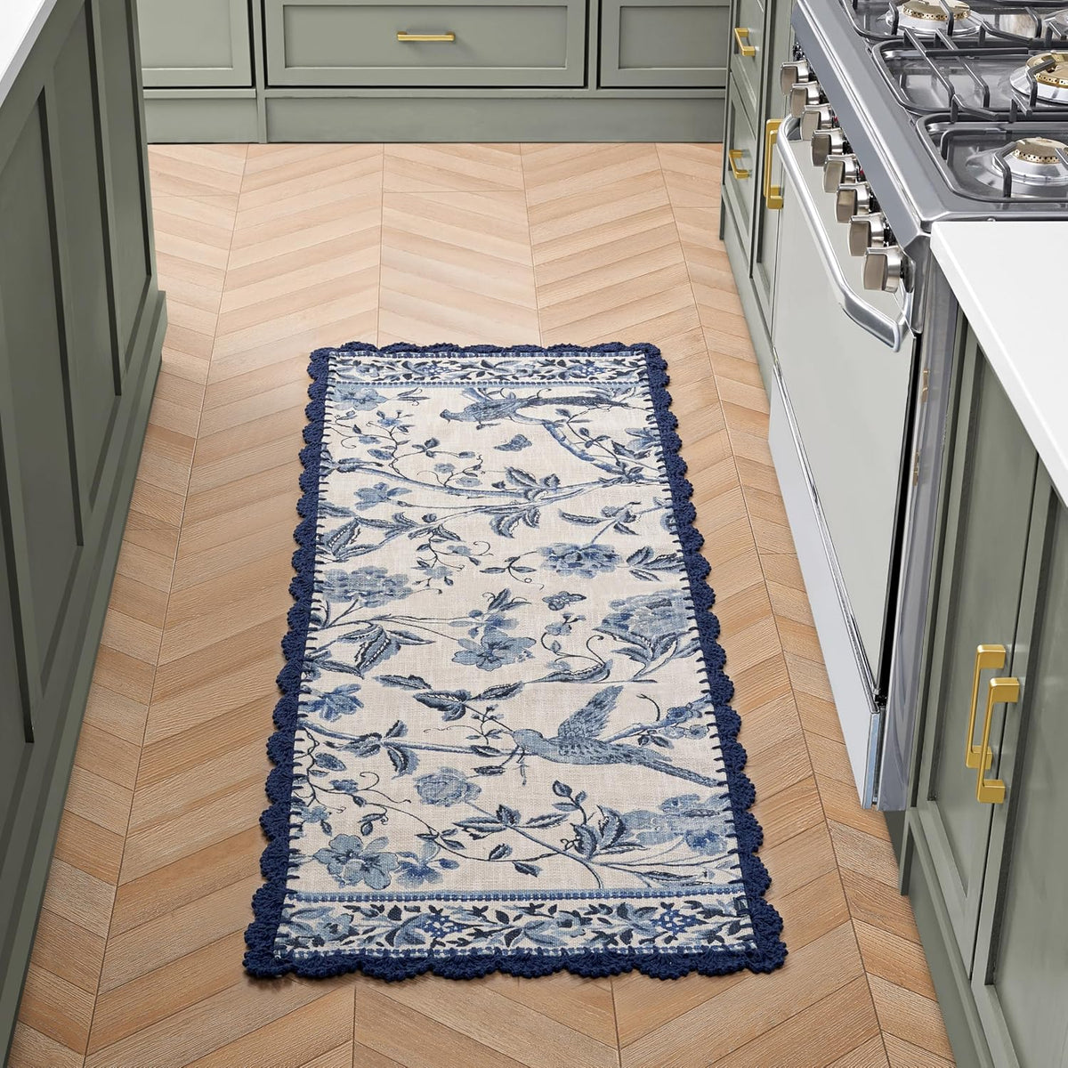 Laura Ashley Indigo Floral Crochet Border Runner Rug