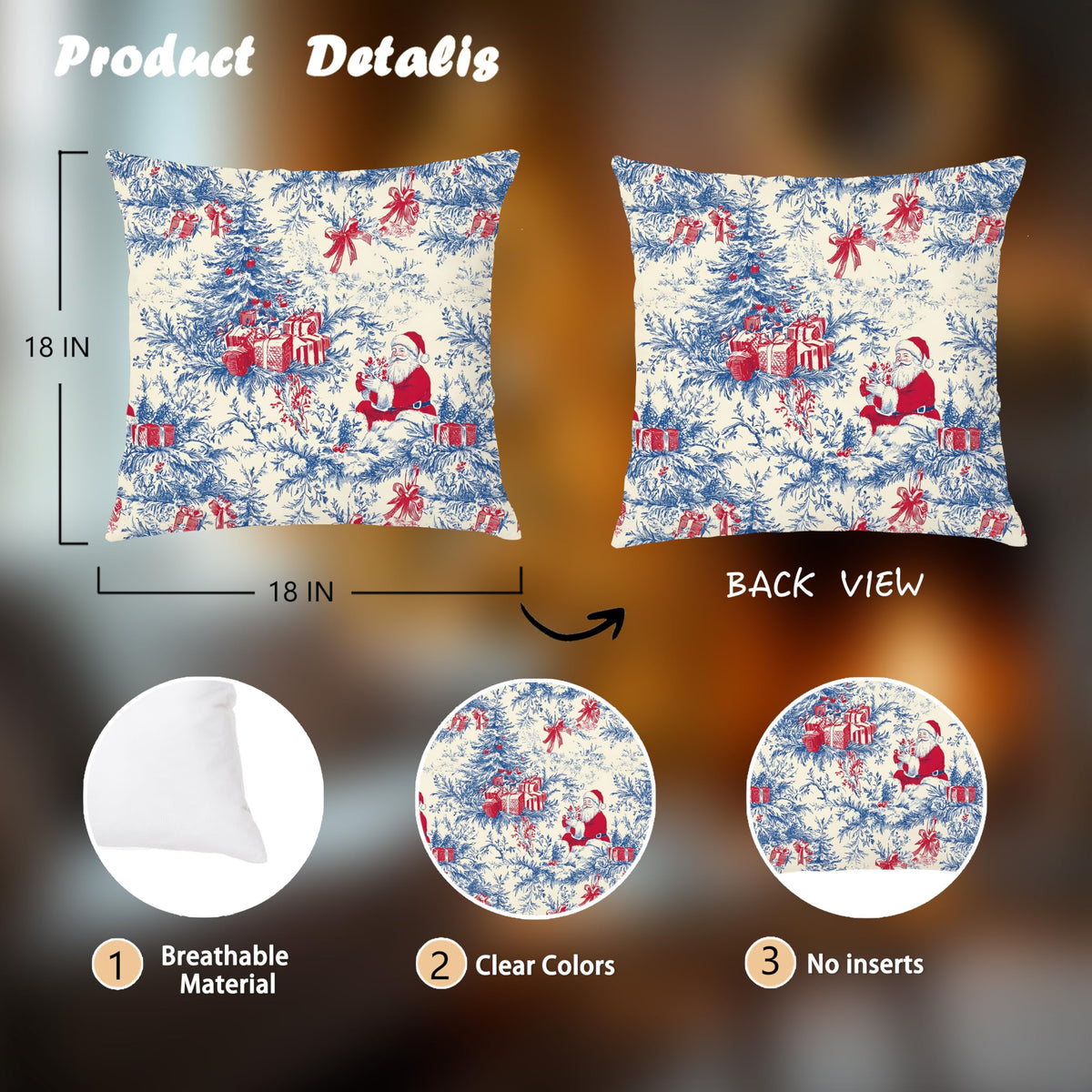 Blue Christmas Toile Pillow Covers, 18x18, Set of 2