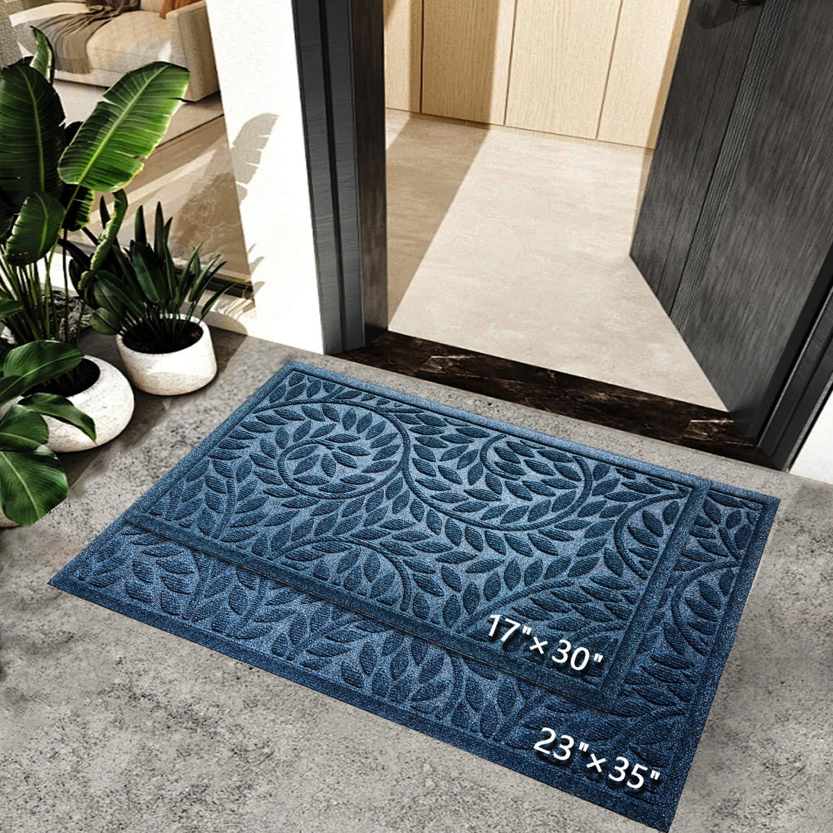 Blue Leaf Front Door Mat, Non-Slip Rubber