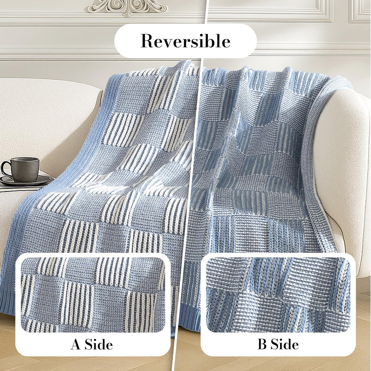 Checkered Knit Throw Blanket, Blue, 50 x 60 Inch