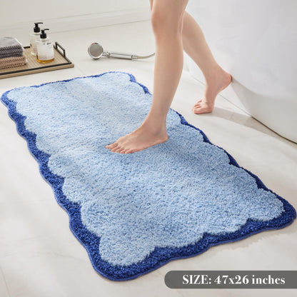 White Scalloped Bath Mat with Blue Piping