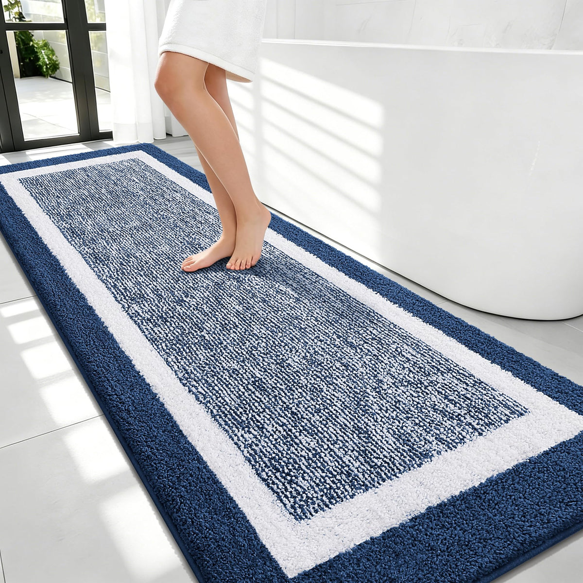 Navy and White Microfiber Bath Rug, 36 x 24