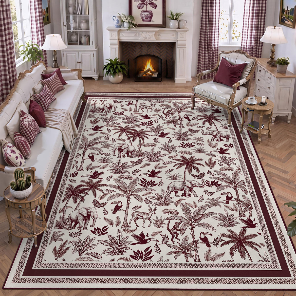 Washable French Toile Area Rug