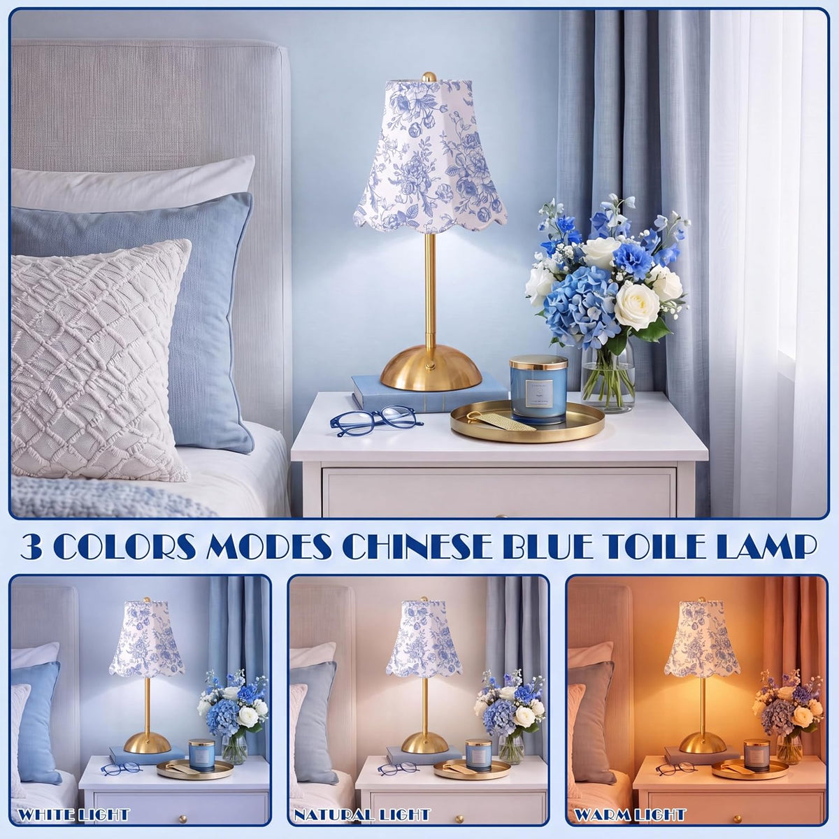Blue Floral Cordless Table Lamp