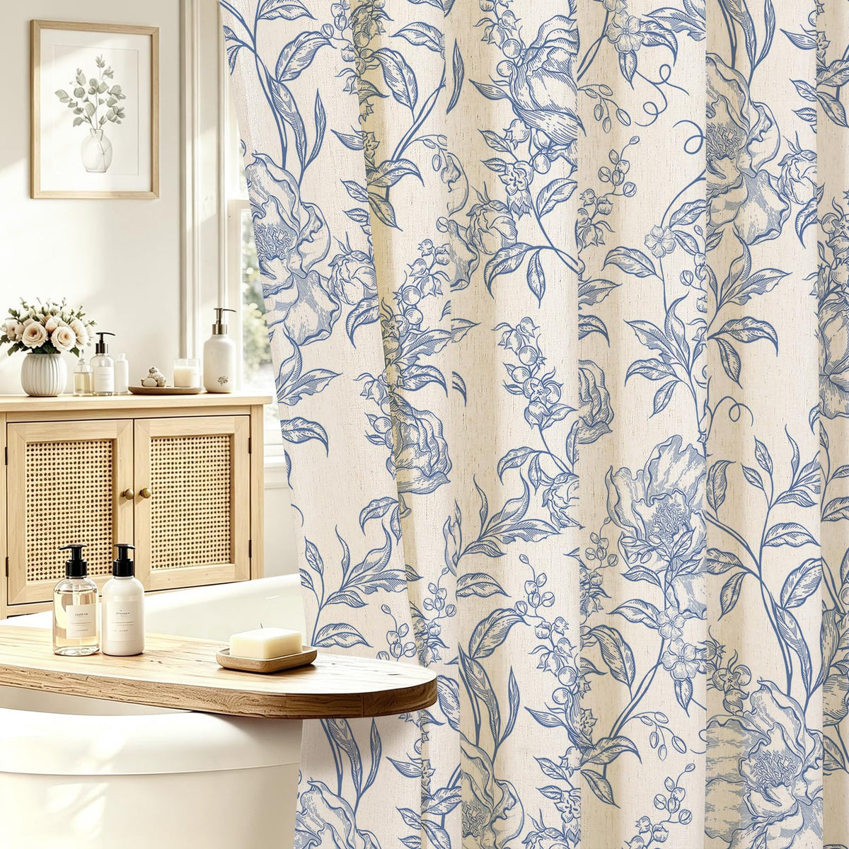 Blue Floral Linen Blend Shower Curtain