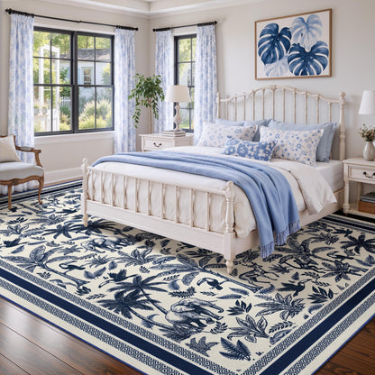 Washable French Toile Area Rug