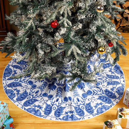 Blue and White Floral Velvet Tree Skirt, 48 Inch