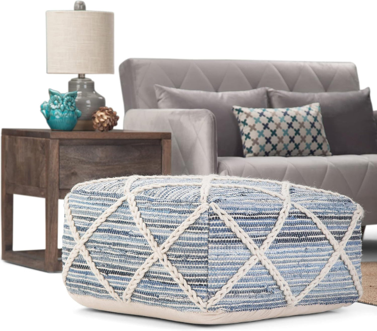 Simpli Home Cowan Blue Wool Square Pouf