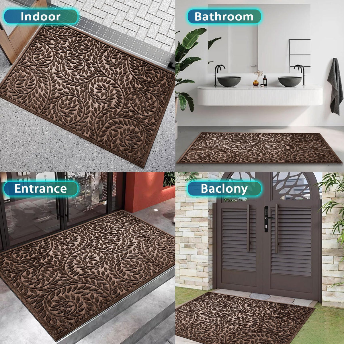 Blue Leaf Front Door Mat, Non-Slip Rubber