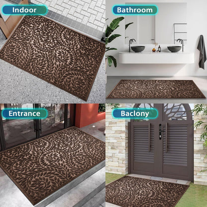 Blue Leaf Front Door Mat, Non-Slip Rubber
