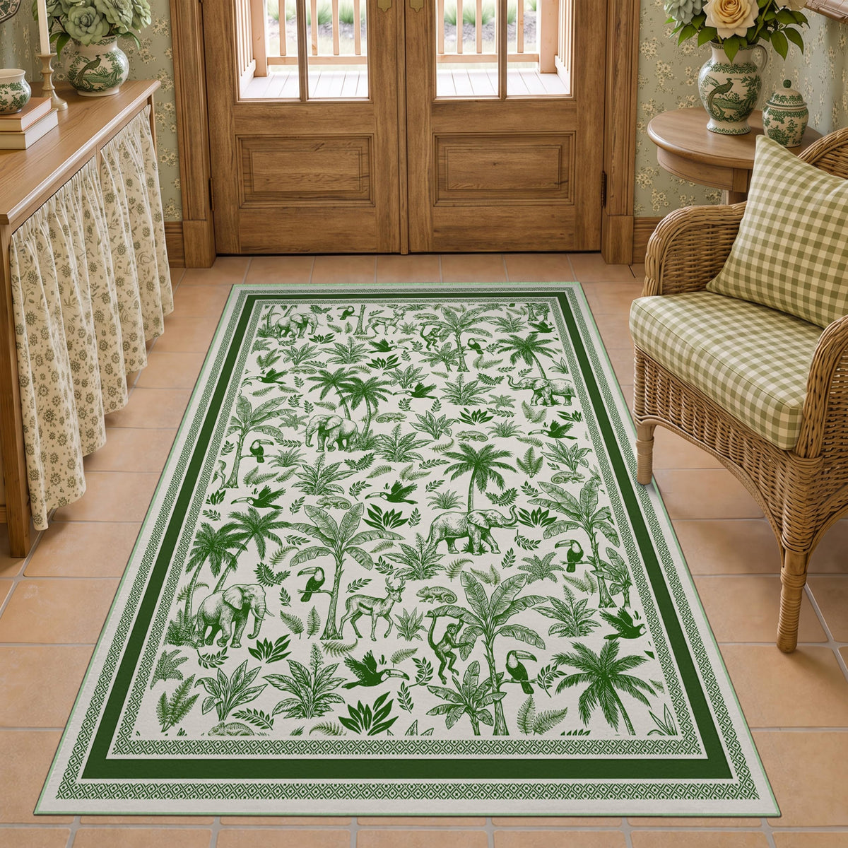 Washable French Toile Area Rug