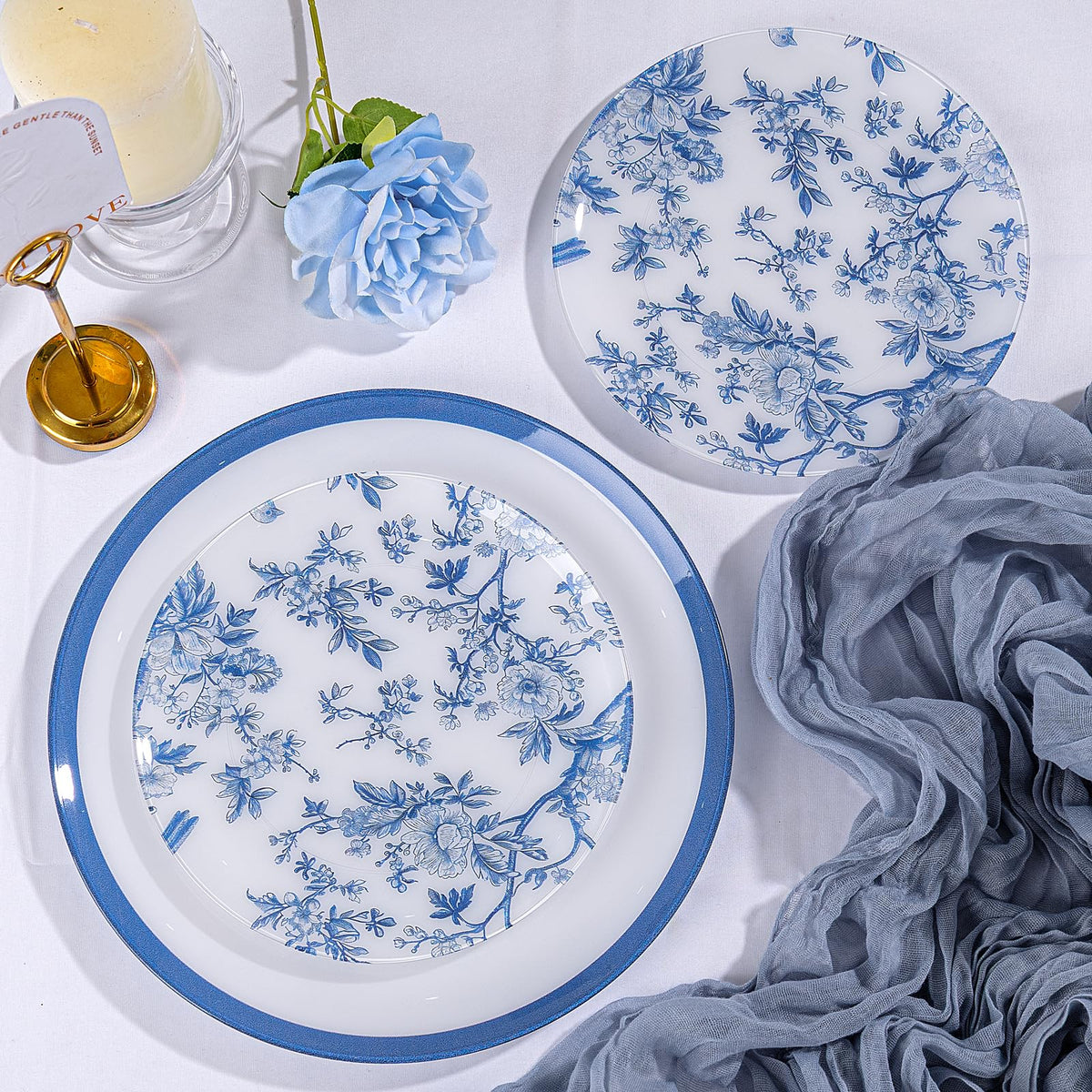 Blue Floral Plastic Plates, 60 Pieces