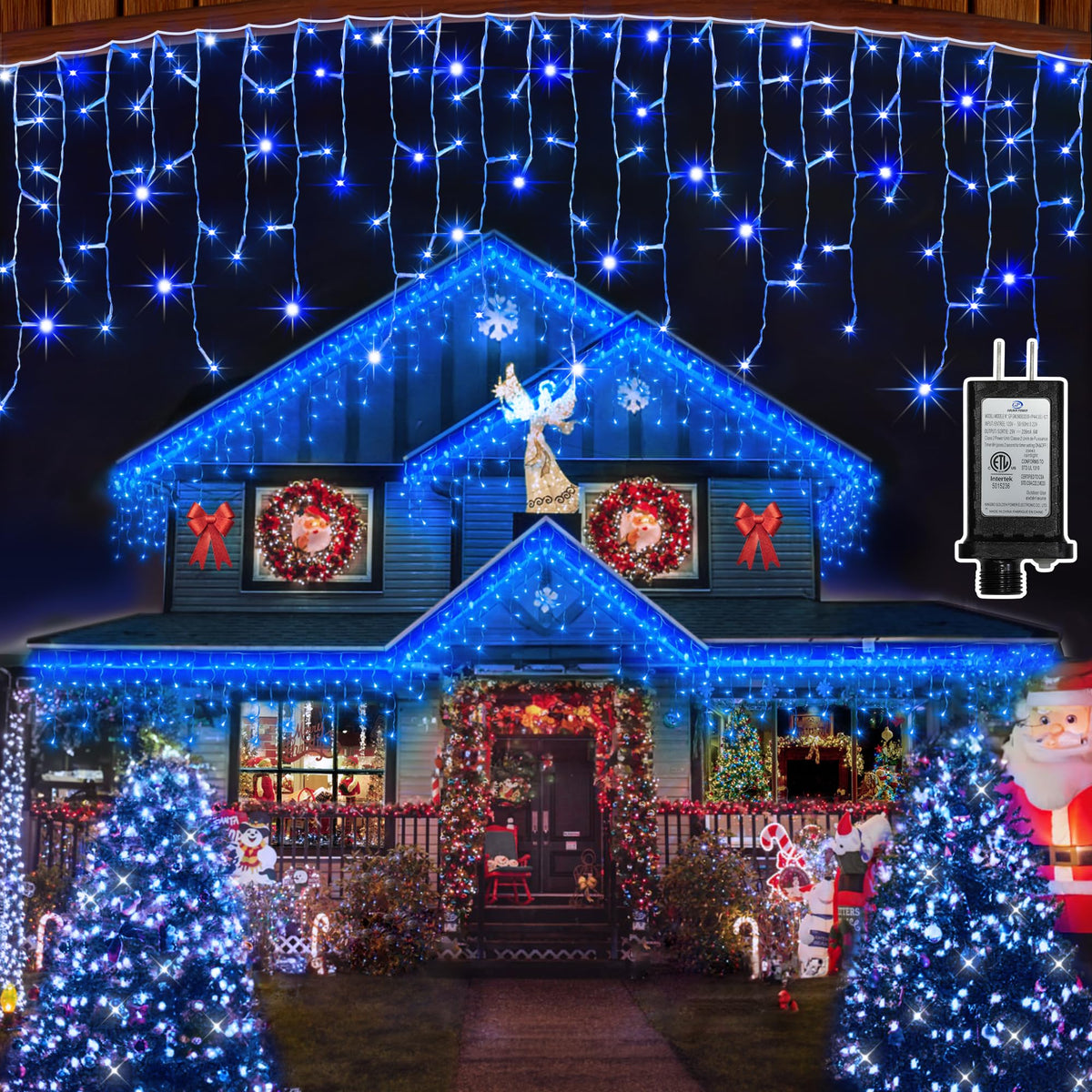 Blue and Cool White Icicle Lights, 164 ft