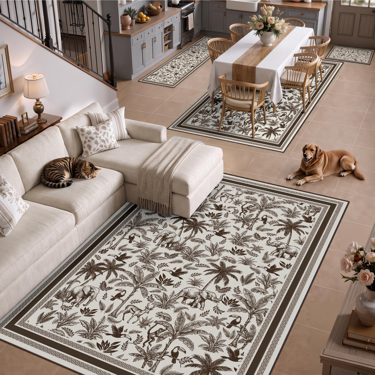Washable French Toile Area Rug