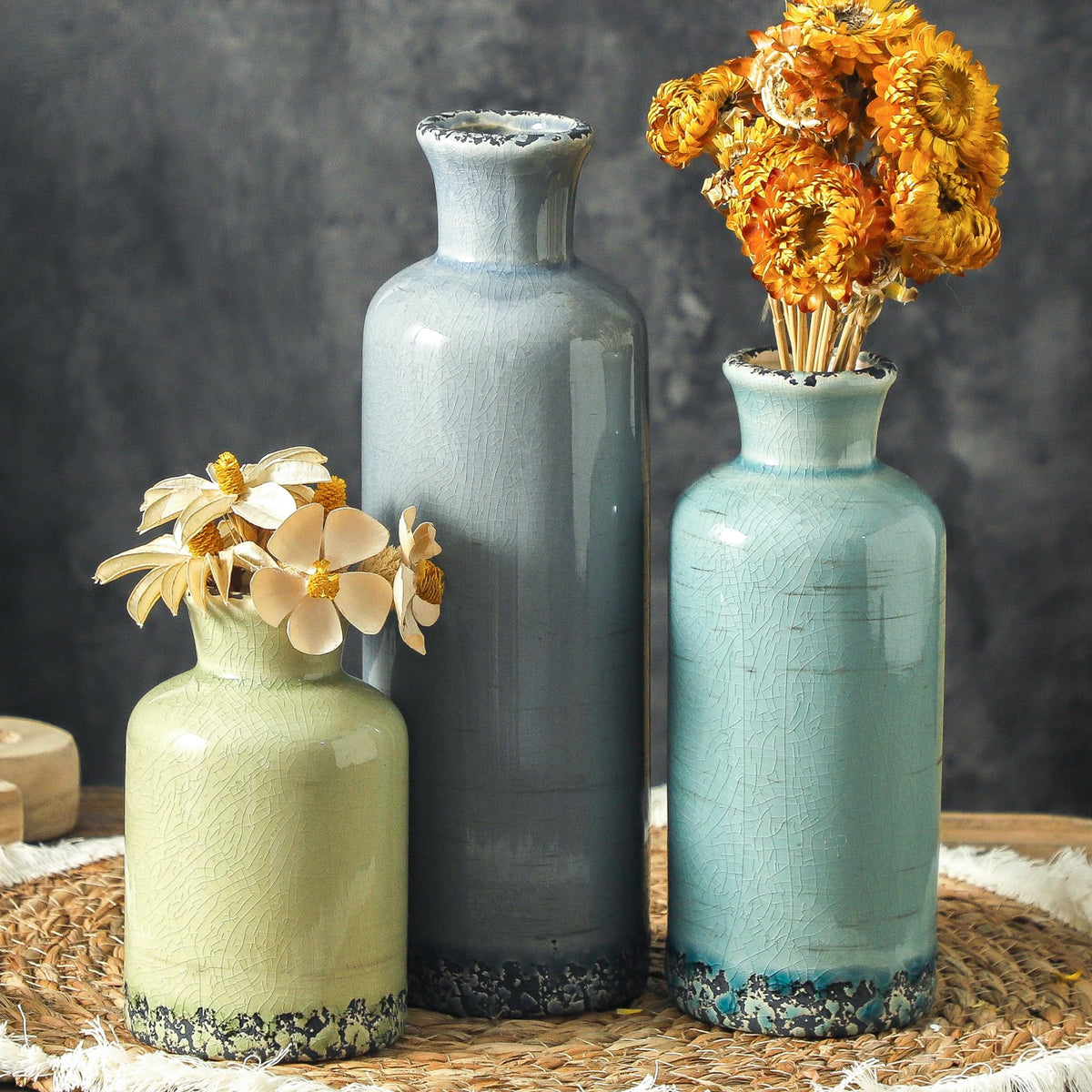 Vintage Blue and White Ceramic Vases, Set of 3