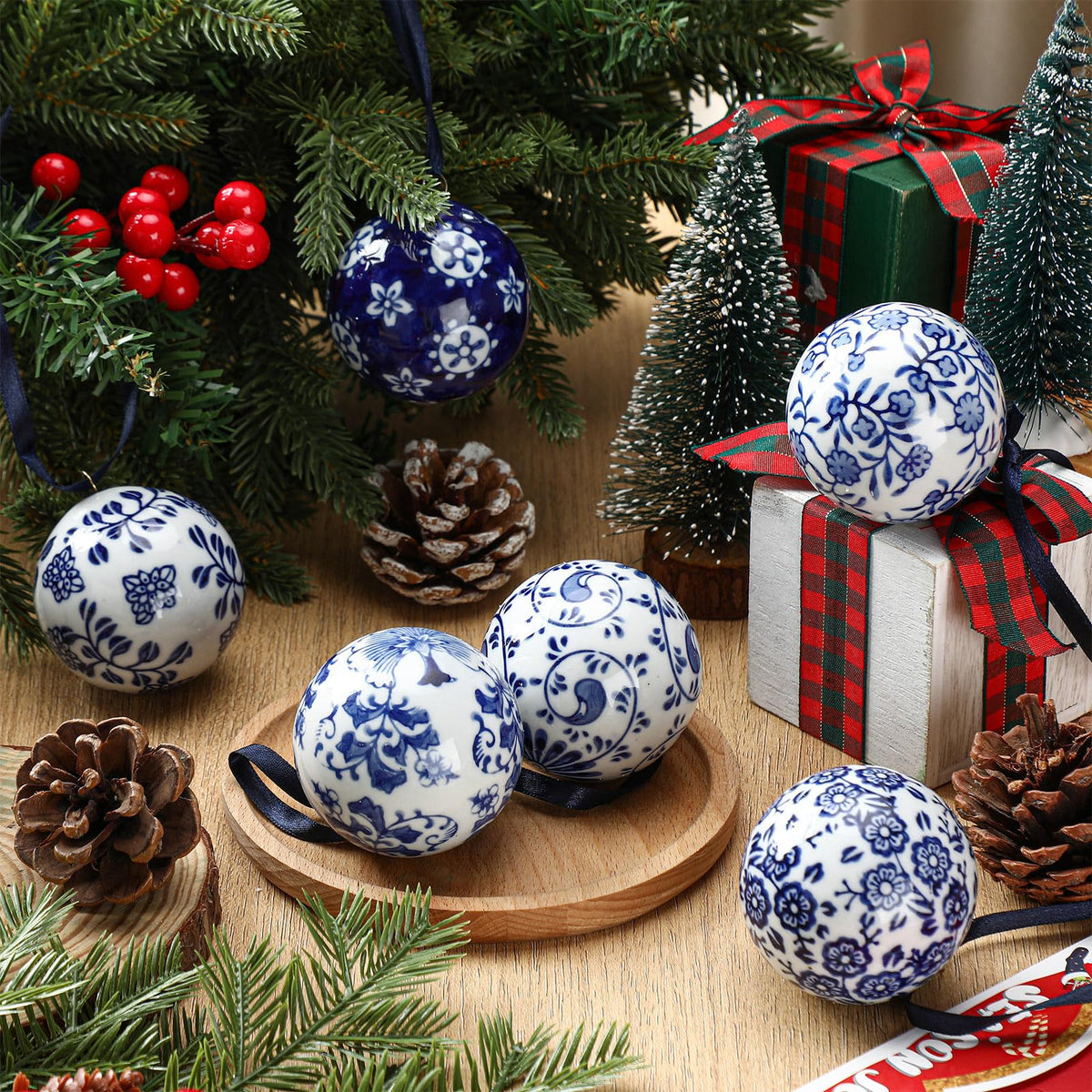Blue and White Porcelain Christmas Balls, Set of 6 or 12