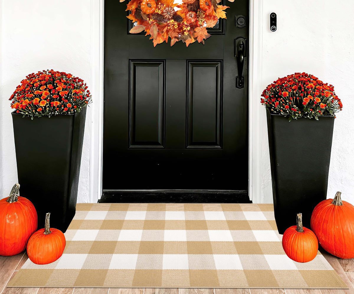 Light Blue Buffalo Plaid Cotton Door Mat, 24x35