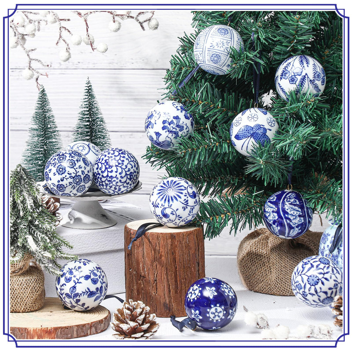 Blue and White Porcelain Christmas Balls, Set of 6 or 12